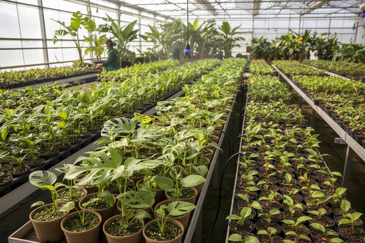 tropical plants starters like monstera growing in a nursery